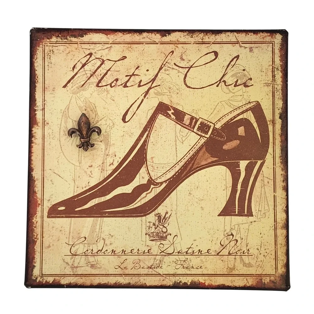 Motif Chic French Vintage Style Tin Metal Wall Art Shoe Sign with Magnet 9.5x9.5
